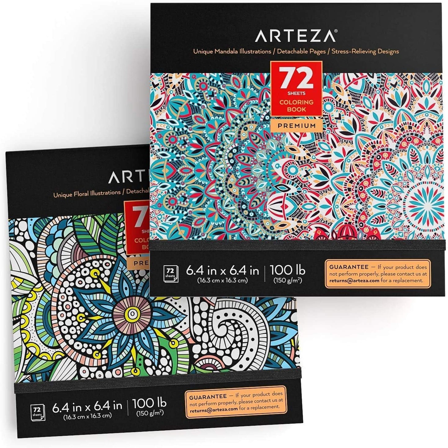 ARTEZA Adult Coloring Books, Floral & Mandala Designs, Pack of 2, 72 Sheets Each, 6.4X6.4 Inches Coloring Pages, 100 Lb Paper