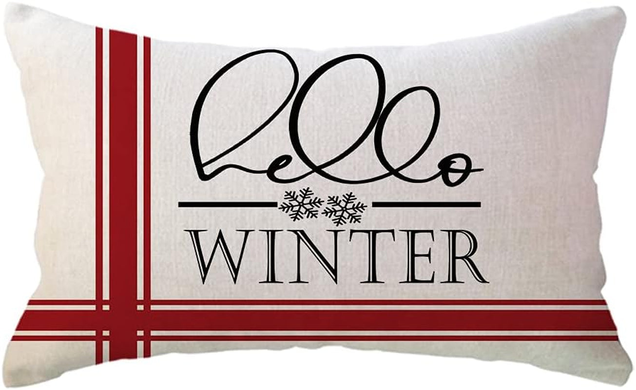 ULOVE LOVE YOURSELF Hello Winter Throw Pillow Covers 20X20 Inches with Snowflakes Farmhouse Winter Holiday Decorative Christmas Pillow Cover for Sofa/Couch/Porch