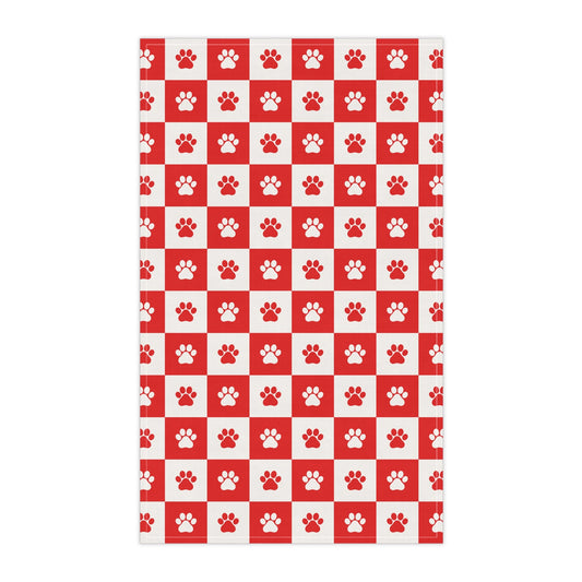 Red Paw Print Checkered Tea Towel | Cute Pet Kitchen Towel