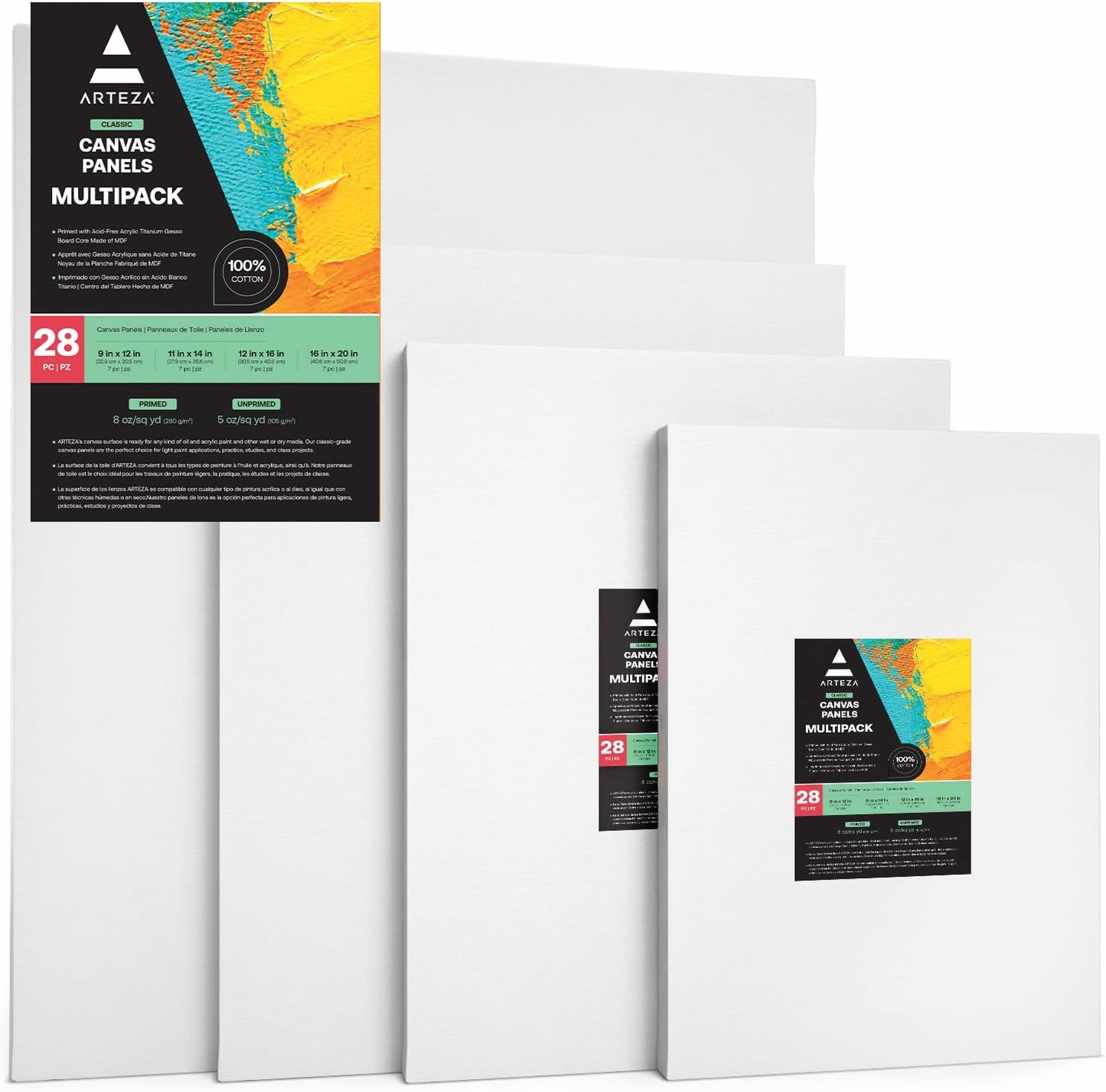 ARTEZA Premium Canvas Boards for Painting, 5 X 7, 8 X 10, 9 X 12, 11 X 14 Inches, Multipack of 28, White Canvas for Acrylic, Oil and Gouache Painting