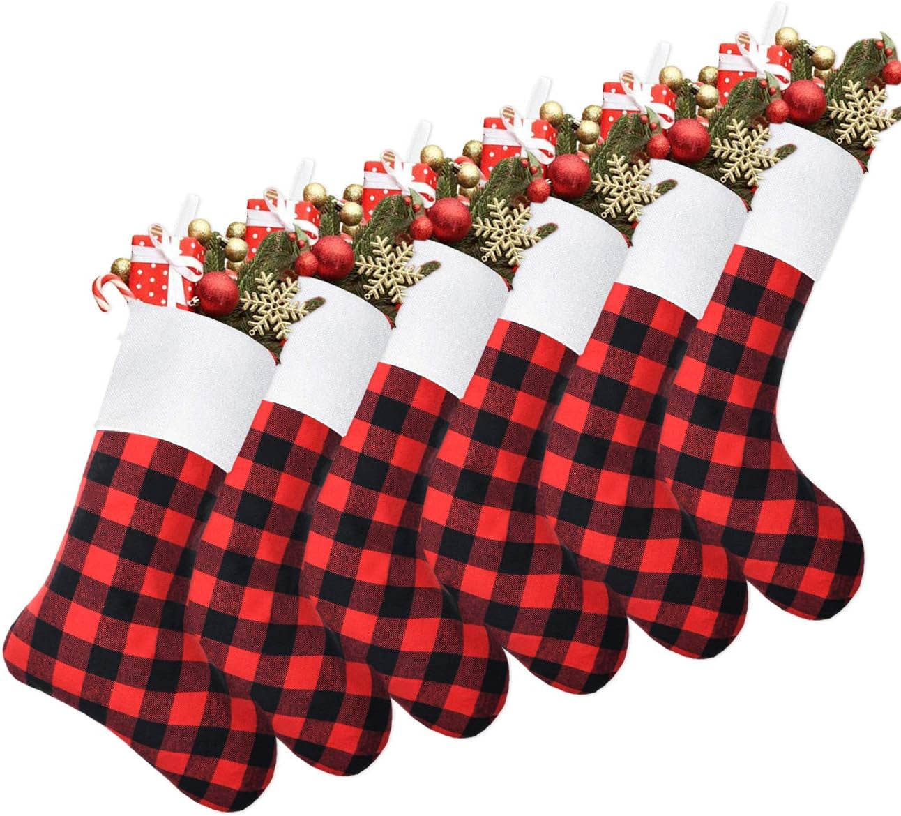 Senneny 6 Pack Christmas Stockings- 18 Inch Black White Buffalo Plaid Christmas Stockings Fireplace Hanging Stockings for Family Xmas Holiday Season Party Decor