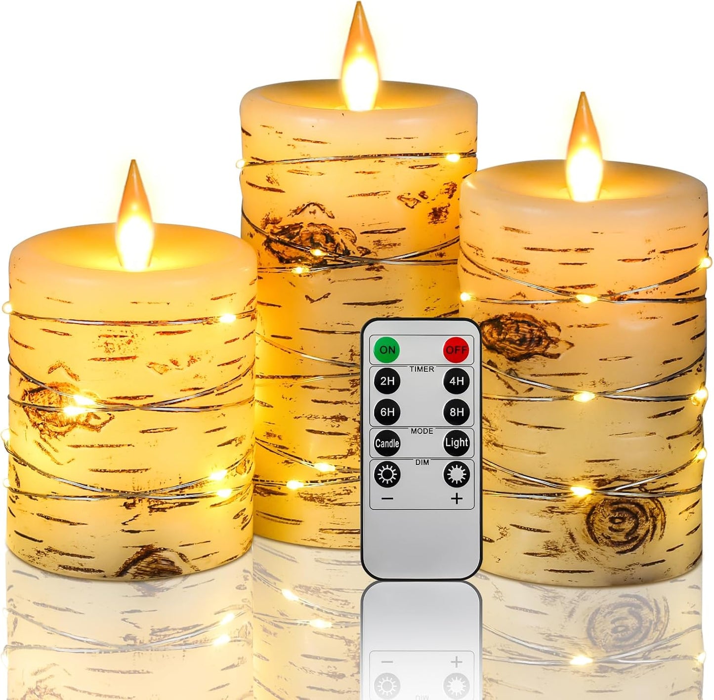 Da by Flameless Candles with String Lights,Battery Operated Candles,Led Flickering Candles with Remote Control and Timer, Real Wax, 3 Pack-Ivory