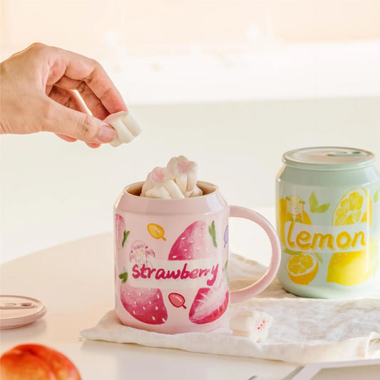 Fruit Ceramic Mug with Lid and Straw