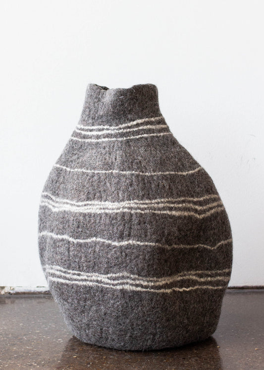 Tribal Lines Grey Hand-Felted Wool Gourd Basket
