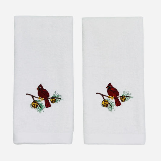 Plush Velour Cotton Fingertip Towels, Christmas Cardinal Bird, Set of 2