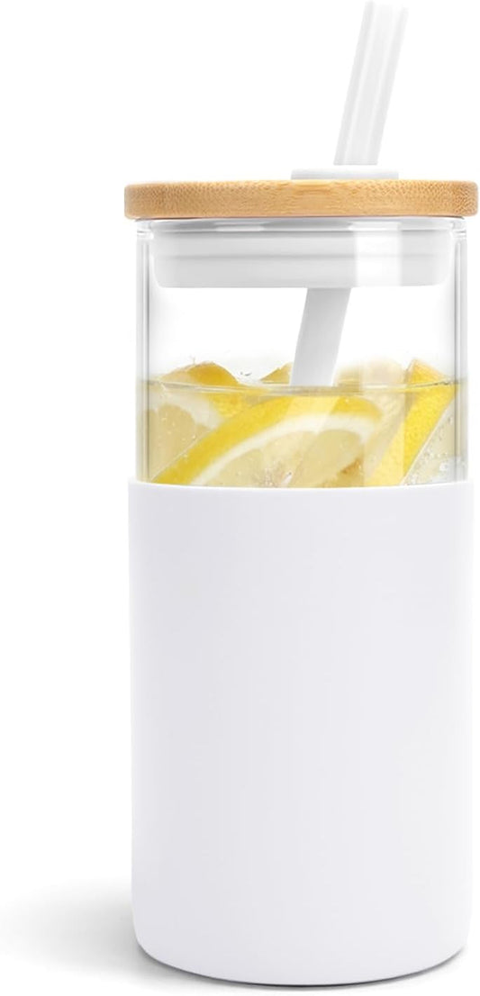 Tronco® 16 Oz Glass Tumbler with Lids and Straw, Reusable Iced Coffee Cup & Smoothie Cup with Bamboo Lid, Silicone Sleeve, Dishwasher Safe, Bpa-Free Borosilicate Glass, 1 Pack