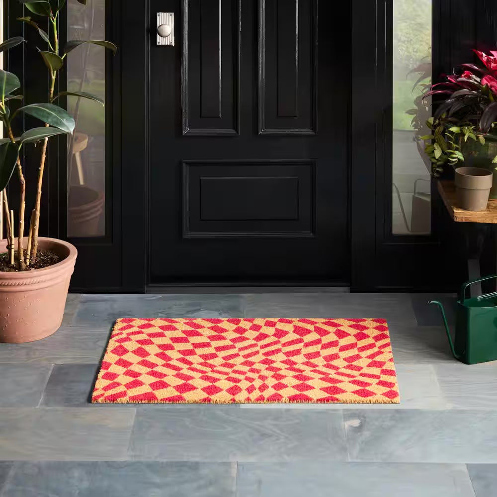 Checkerboard Emmett Red 18 In. X 30 In. Coir Groovy Outdoor Mat