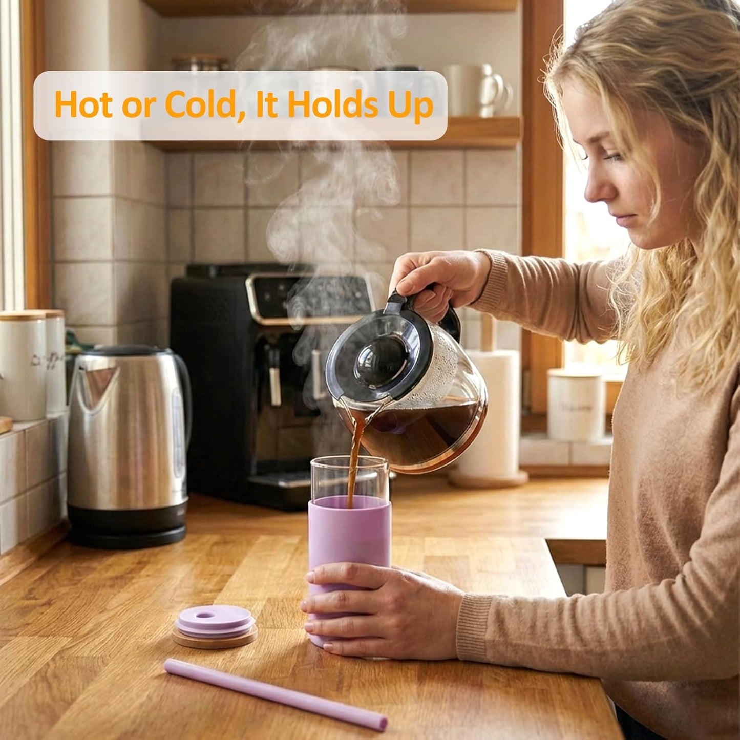 Tronco® 16 Oz Glass Tumbler with Lids and Straw, Reusable Iced Coffee Cup & Smoothie Cup with Bamboo Lid, Silicone Sleeve, Dishwasher Safe, Bpa-Free Borosilicate Glass, 1 Pack