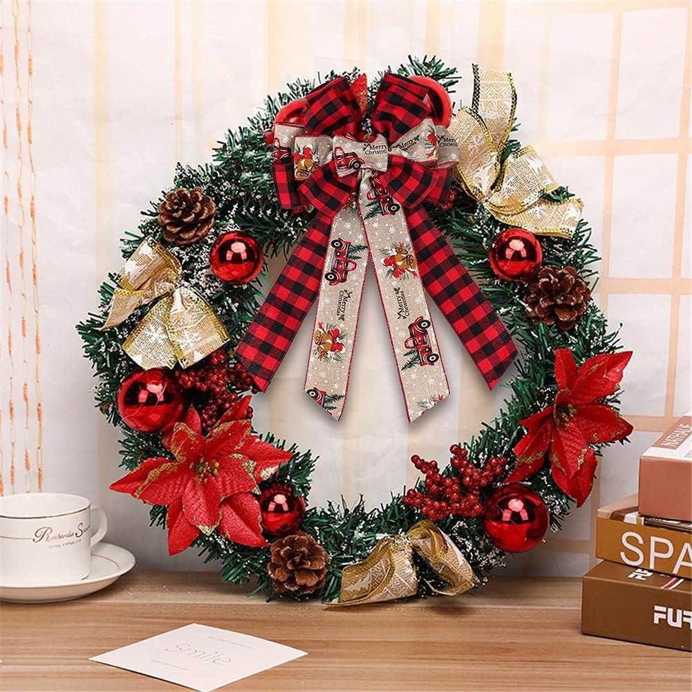 RECUTMS 2 Pieces Red Christmas Bows Tree Topper Burlap Bows with Xmas Bell Pattern Small Two-Tier Christmas Wreath Bow for Xmas Parties Front Door Home Indoor Outdoor Holiday Decorations