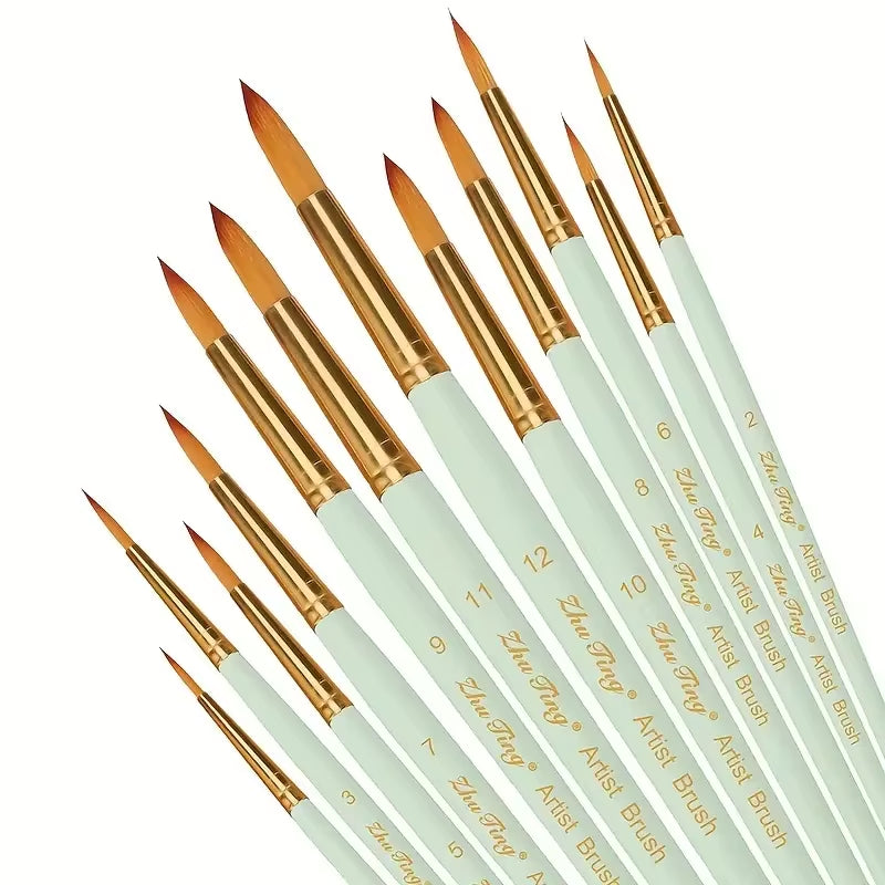 12Pcs Artist Brushesprofessional Round-Pointed Tip Paint Brushes for Acrylic Watercolor Oil Painting, Face Body Nail Art, Crafts