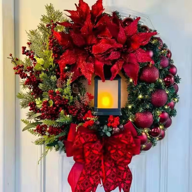 30/40CM Door Wreath with Candle Red Flower Bow Wreath for Front Door Christmas Ornaments Flower Garland Christmas Decorations