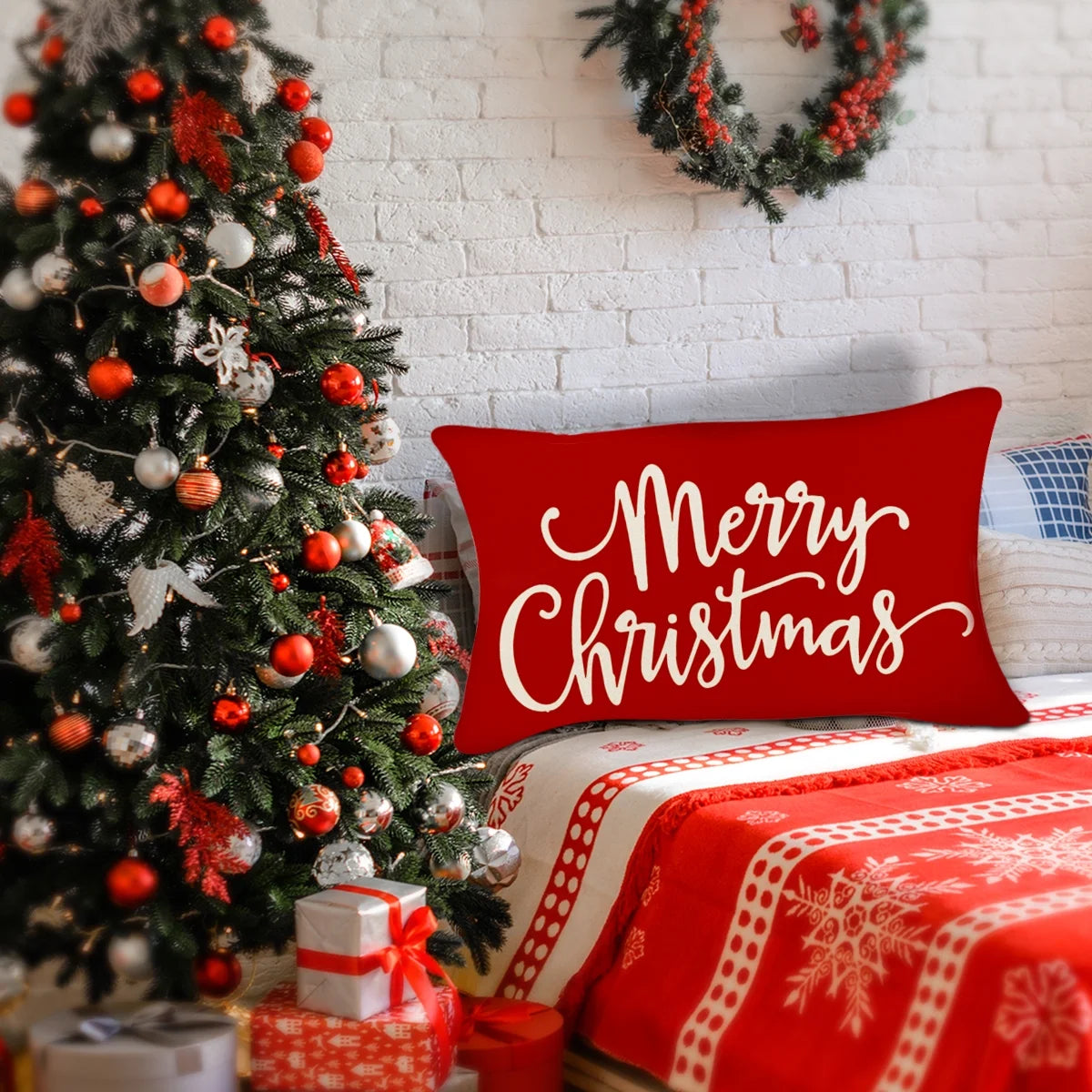 Christmas Pillow Covers Decorations Red Merry Christmas Farmhouse Throw Pillow Covers Great Gift for Christmas 12" X 20" 1 Pack