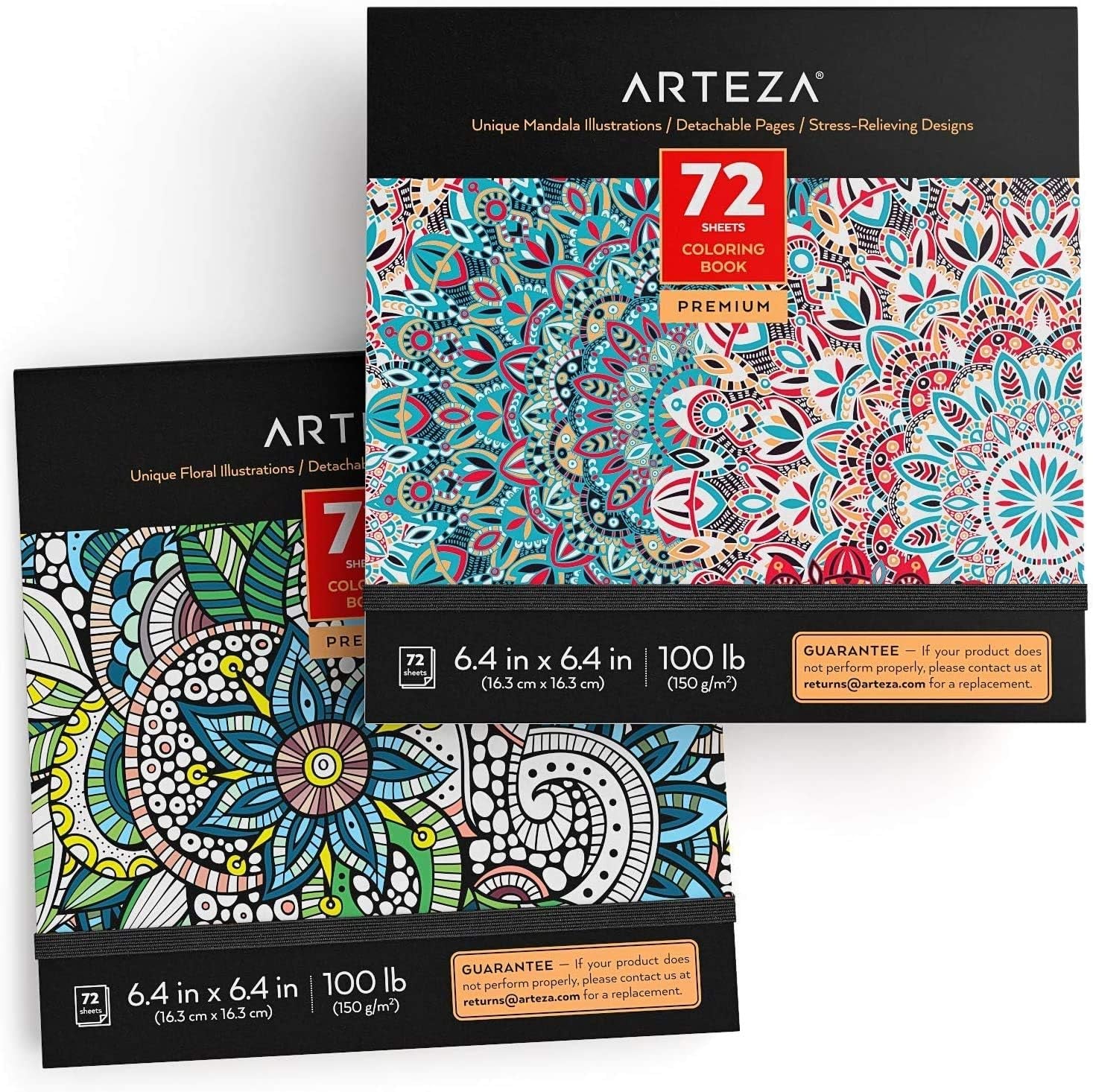 ARTEZA Adult Coloring Books, Floral & Mandala Designs, Pack of 2, 72 Sheets Each, 6.4X6.4 Inches Coloring Pages, 100 Lb Paper