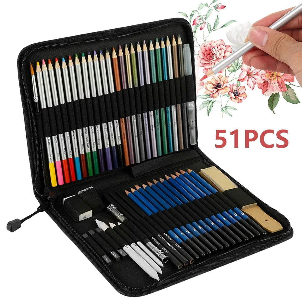ODOMY 51 Pcs Drawing Set Sketching Kit, Pro Art Supplies Wood Pencil Sketching Pencils Art Sketch Painting Supplies for Artists Beginners Adults