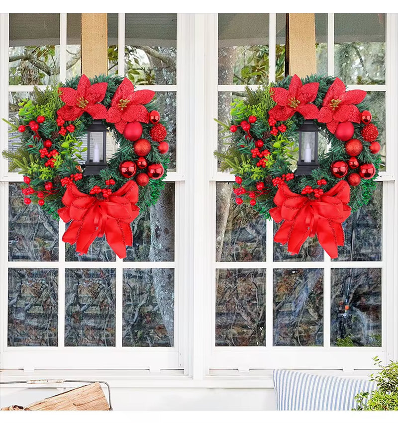 30/40CM Door Wreath with Candle Red Flower Bow Wreath for Front Door Christmas Ornaments Flower Garland Christmas Decorations