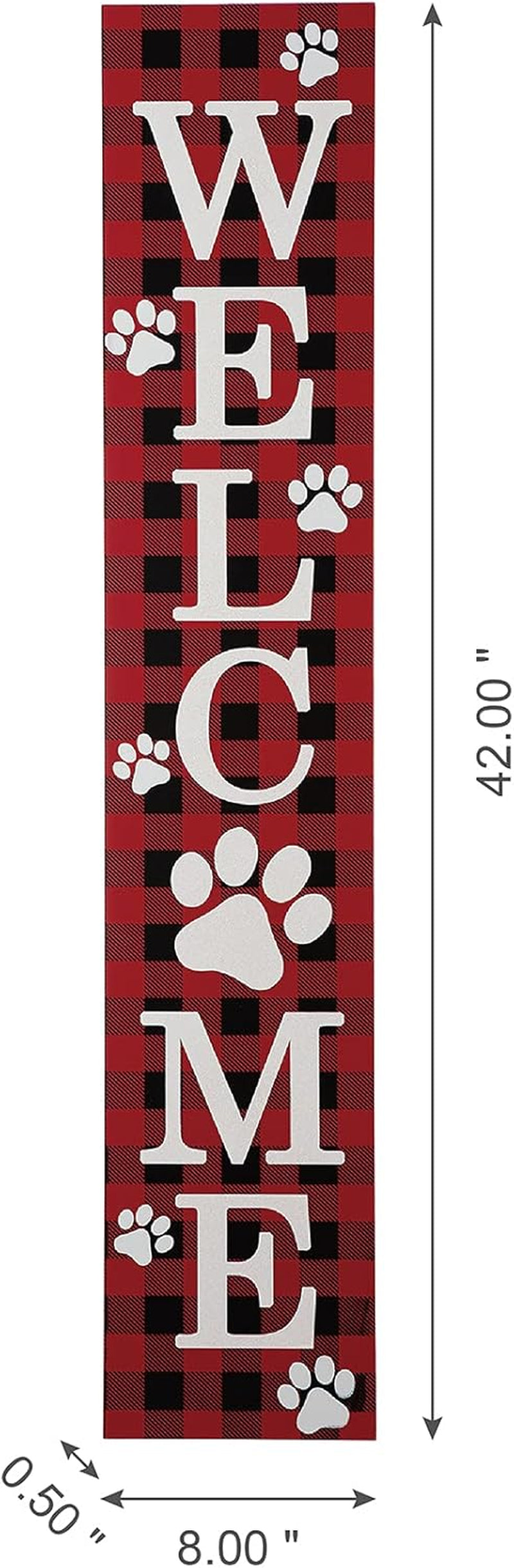 Glitzhome Wooden Welcome Sign with Plaid Pet Paw for Porch, Rustic Farmhouse Style Hanging Vertical Welcome Sign, Red, 42'H, 8'L X 0.5'W