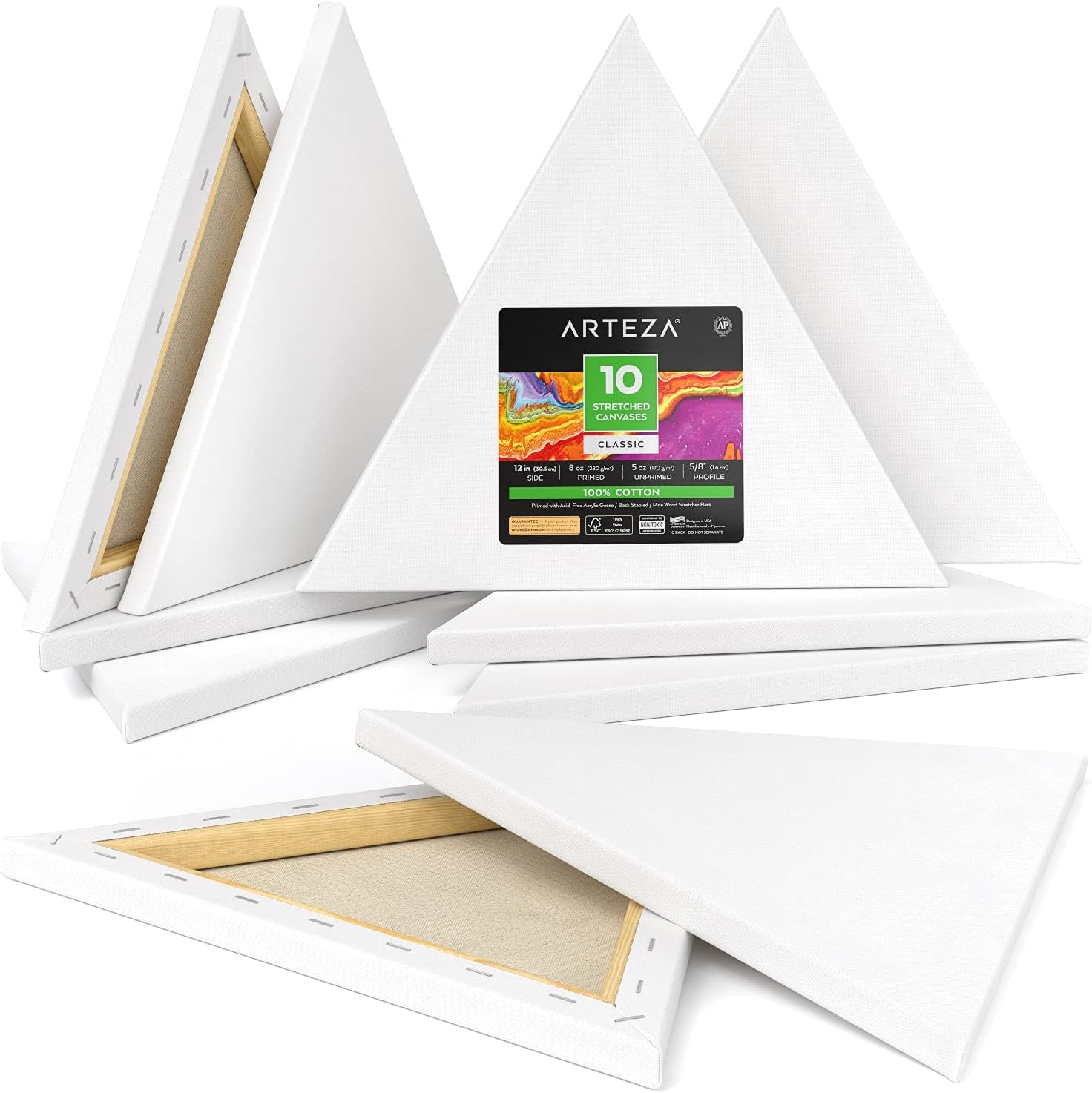 ARTEZA Triangle Stretched Canvas 14 Inch Side Pack of 8 – Blank White Cotton Canvases for Acrylic, Oil, Gouache Painting – Pre-Primed on Wood Frame