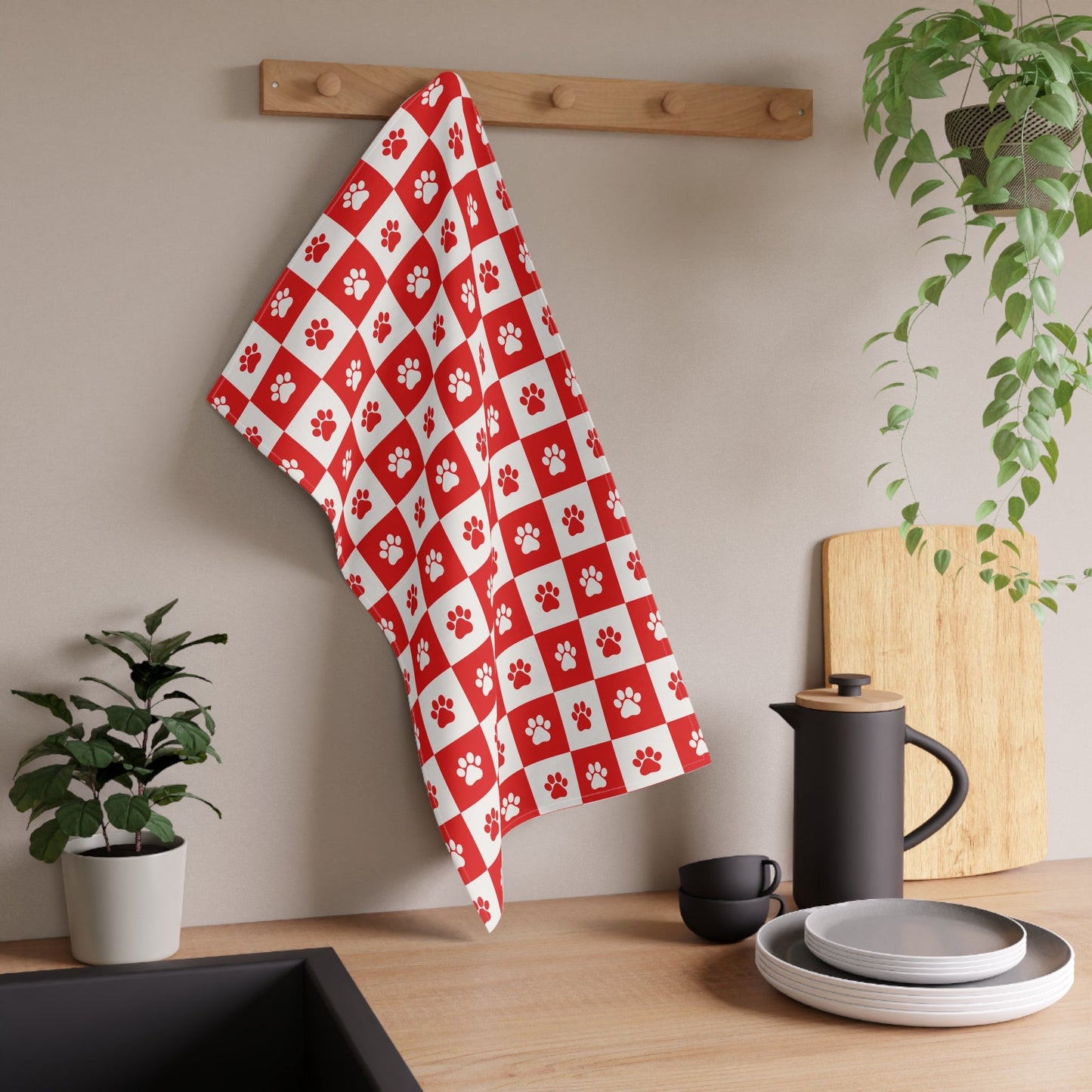 Red Paw Print Checkered Tea Towel | Cute Pet Kitchen Towel