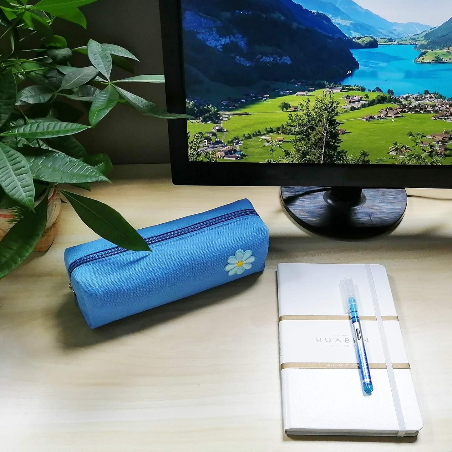 Enyuwlcm Canvas Stationery Cute Pencil Case for Teen Girls Simple Pencil Pouch for School Cosmetic Bag for Purse Blue