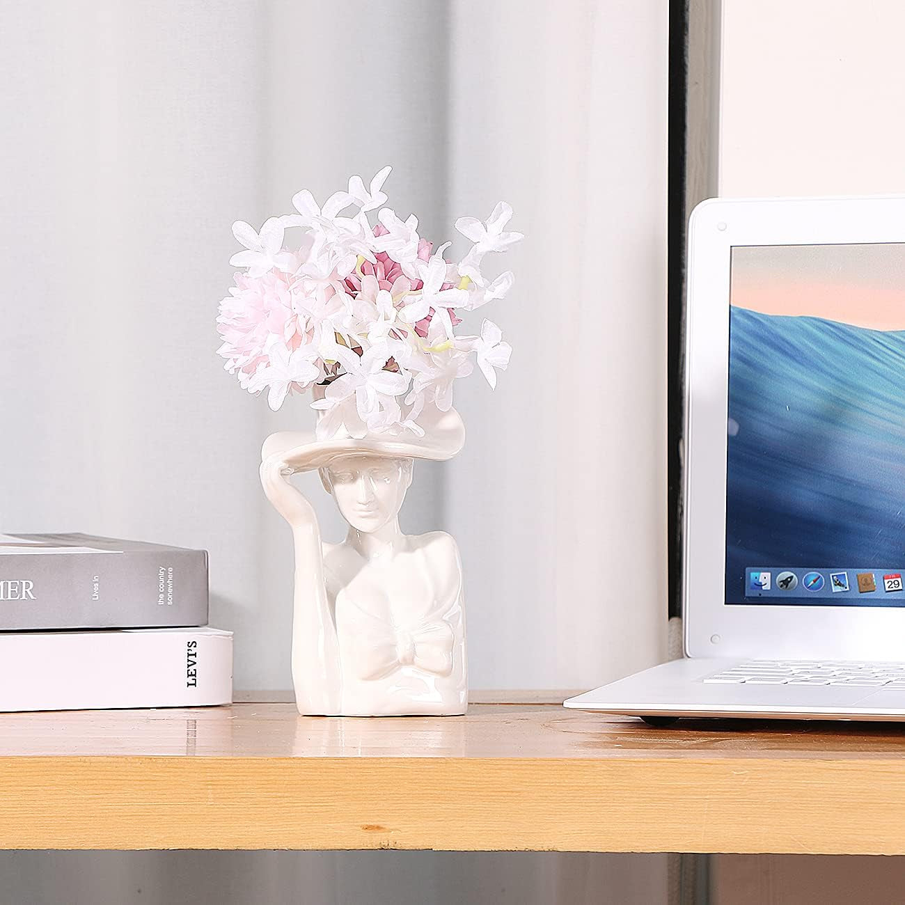 Art Female Form Body Ceramic Vase for Flowers, Creative Elegant Upper Body Woman Face Head Hand Arrangement Sculpture Vase with Cowgirl Top Hat Design for Home Decor, 6 Inch, Glossy White