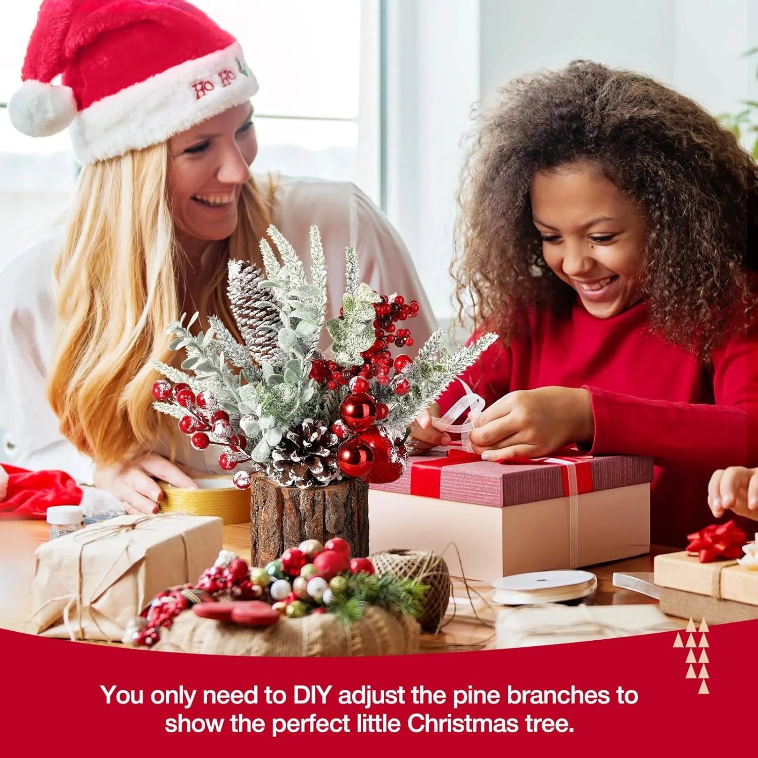 2Pack Small Christmas Tree with Christmas Ornaments Pine Cone Berry, Small Xmas Tree for Christmas Decorations Indoor Outdoor(Red-Round)