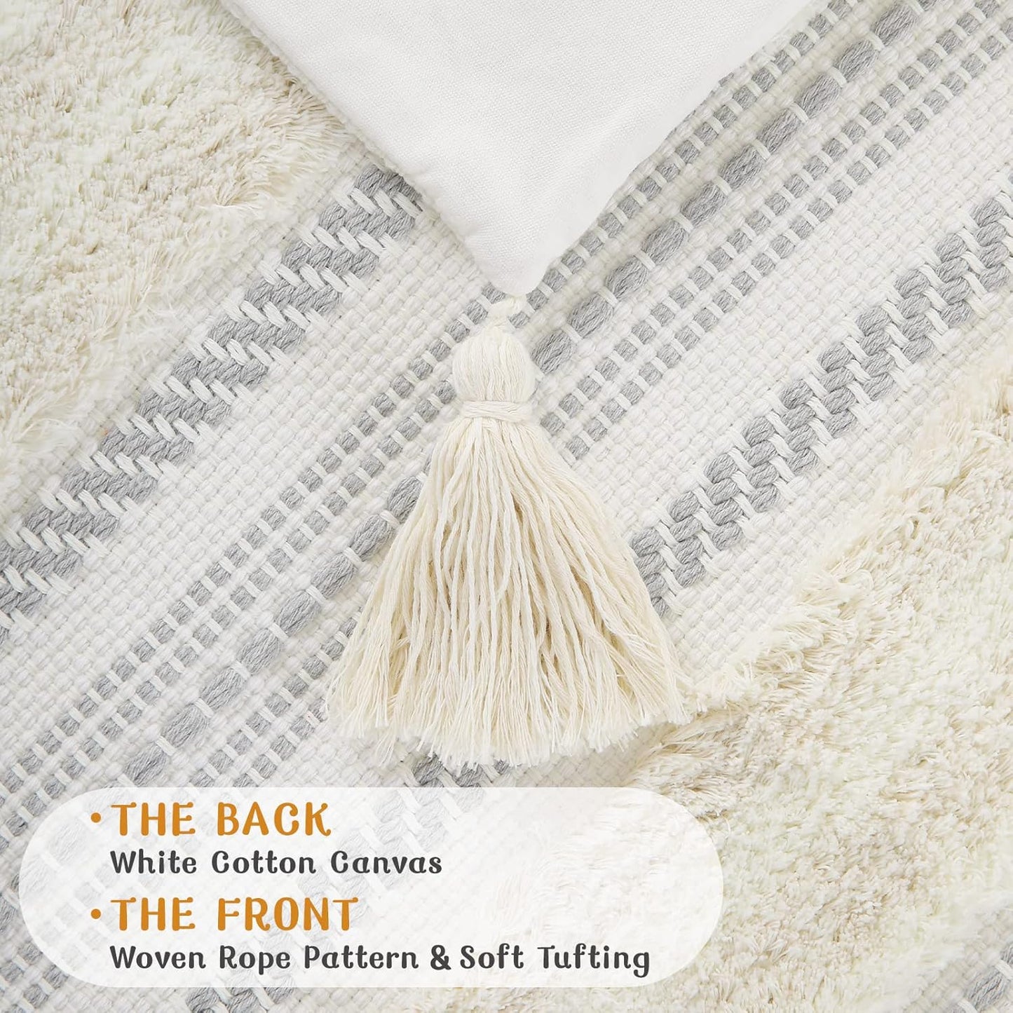 Decoruhome Decorative Boho Throw Pillow Covers 20X20 Set of 2, Accent Neutral Textured Tufted Pillow Covers Striped for Couch Bed Sofa Living Room, Khaki and Cream White