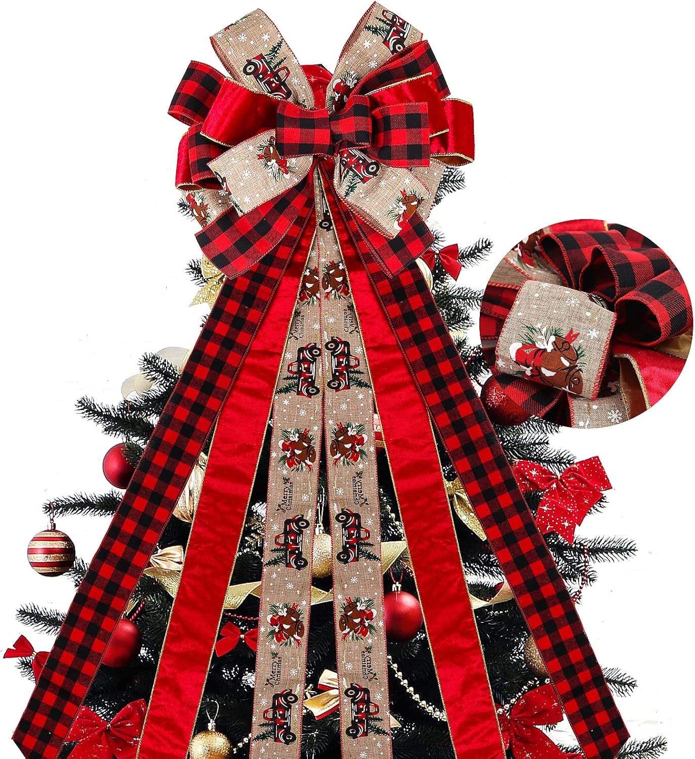 RECUTMS 2 Pieces Red Christmas Bows Tree Topper Burlap Bows with Xmas Bell Pattern Small Two-Tier Christmas Wreath Bow for Xmas Parties Front Door Home Indoor Outdoor Holiday Decorations