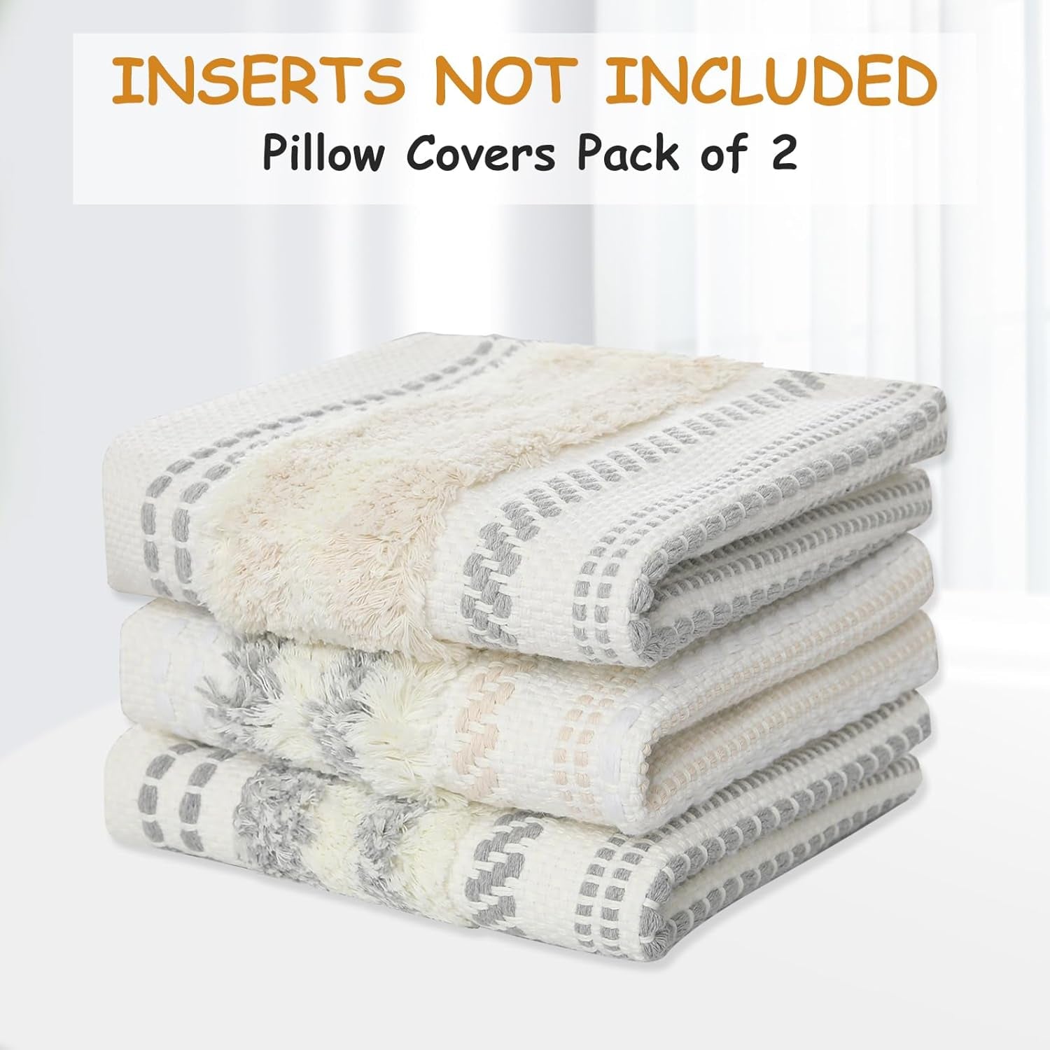 Decoruhome Decorative Boho Throw Pillow Covers 12X20 Set of 2, Lumbar Accent Neutral Textured Tufted Pillow Covers Striped for Couch Bed Sofa Living Room, Beige and Cream White