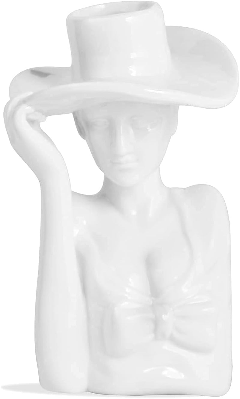 Art Female Form Body Ceramic Vase for Flowers, Creative Elegant Upper Body Woman Face Head Hand Arrangement Sculpture Vase with Cowgirl Top Hat Design for Home Decor, 6 Inch, Glossy White