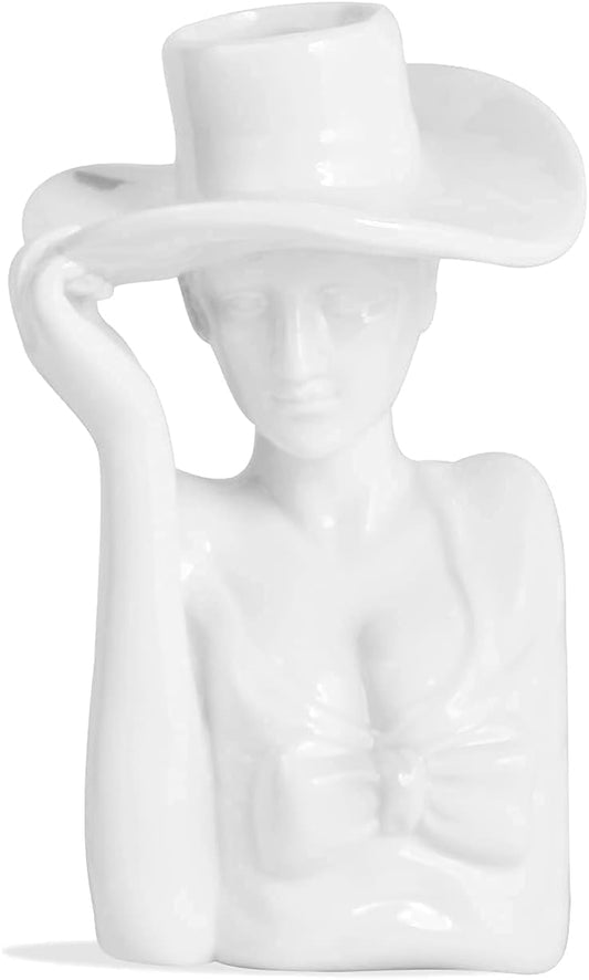 Art Female Form Body Ceramic Vase for Flowers, Creative Elegant Upper Body Woman Face Head Hand Arrangement Sculpture Vase with Cowgirl Top Hat Design for Home Decor, 6 Inch, Glossy White