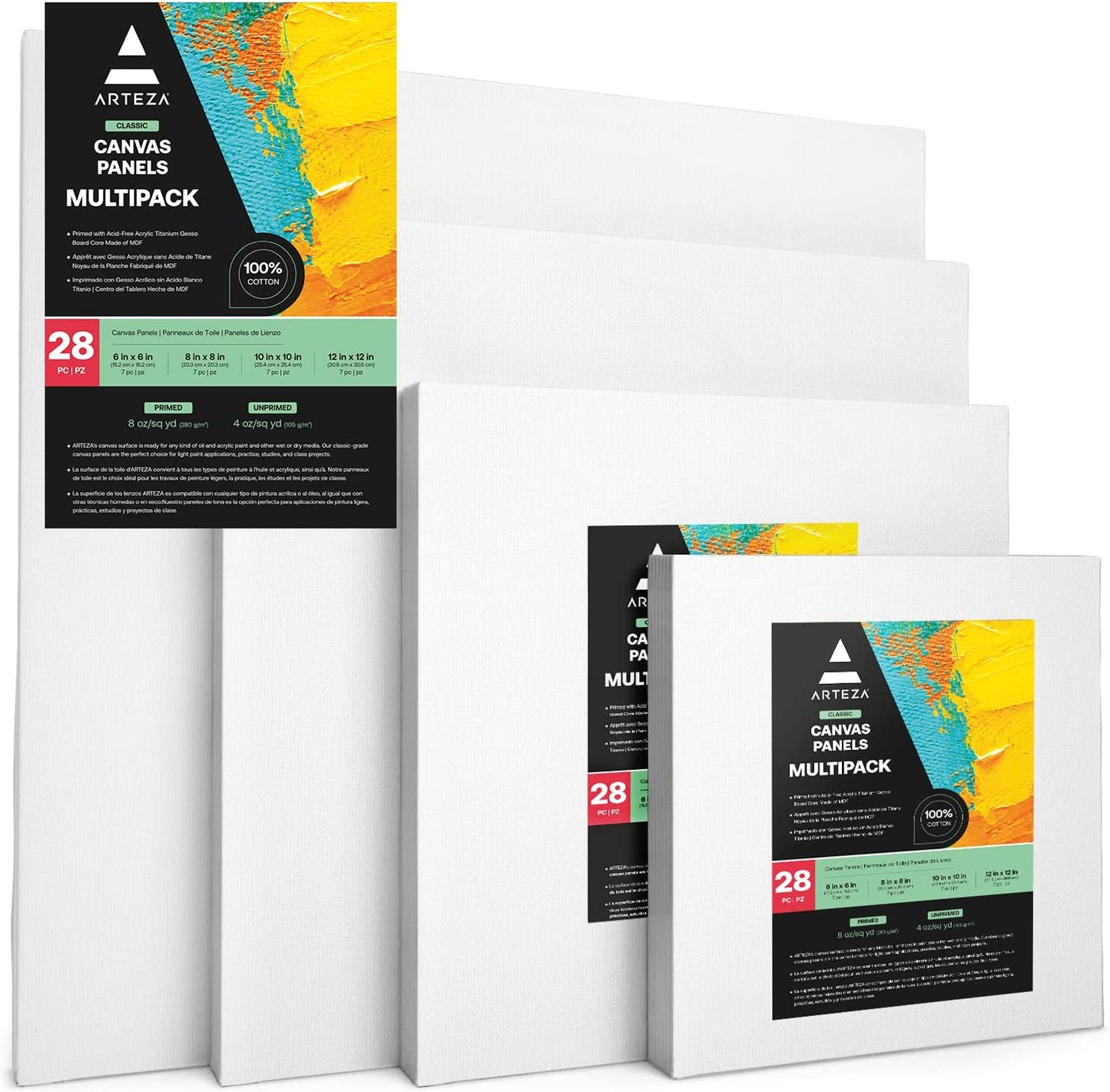 ARTEZA Premium Canvas Boards for Painting, 5 X 7, 8 X 10, 9 X 12, 11 X 14 Inches, Multipack of 28, White Canvas for Acrylic, Oil and Gouache Painting