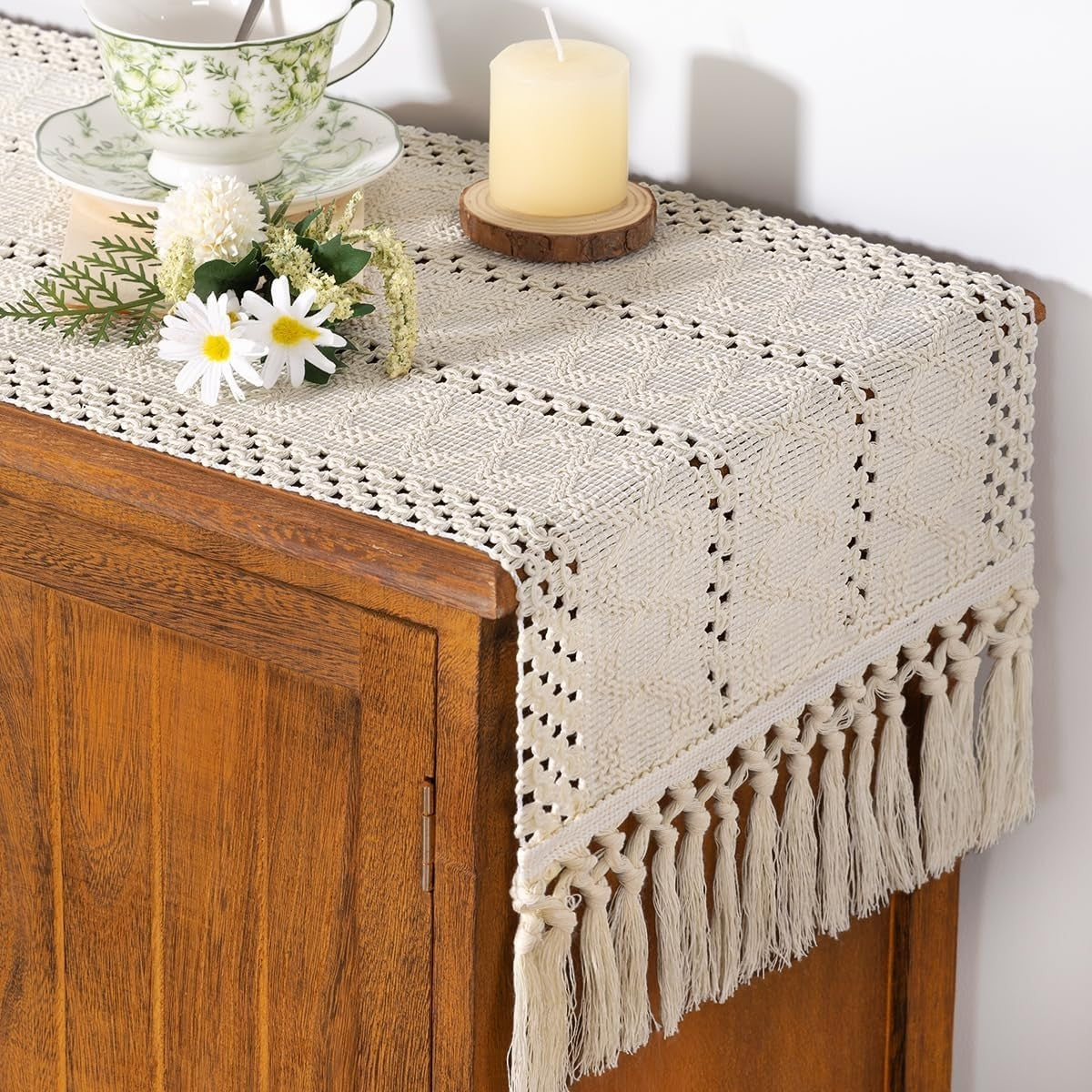 Boho Table Runner Rustic Fall Thanksgiving Kitchen Decor - Brown 1 Pc