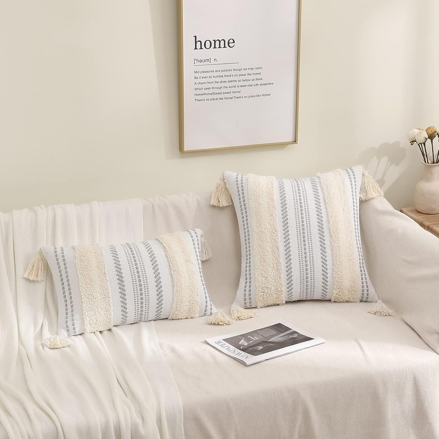 Decoruhome Decorative Boho Throw Pillow Covers 12X20 Set of 2, Lumbar Accent Neutral Textured Tufted Pillow Covers Striped for Couch Bed Sofa Living Room, Beige and Cream White