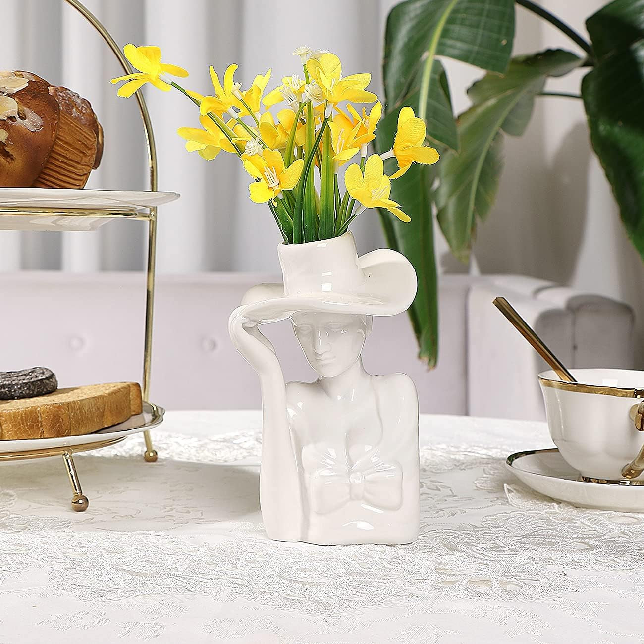 Art Female Form Body Ceramic Vase for Flowers, Creative Elegant Upper Body Woman Face Head Hand Arrangement Sculpture Vase with Cowgirl Top Hat Design for Home Decor, 6 Inch, Glossy White