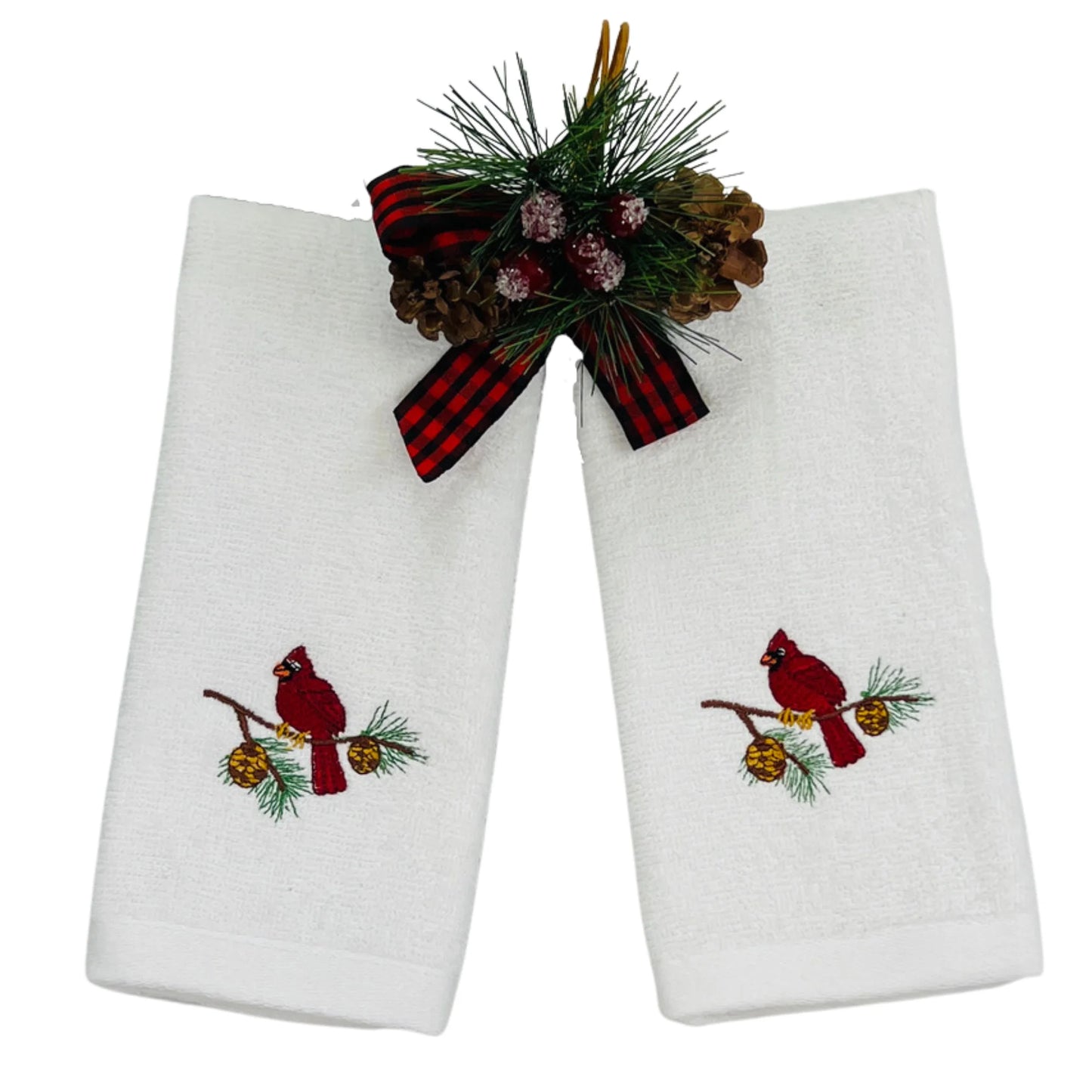 Plush Velour Cotton Fingertip Towels, Christmas Cardinal Bird, Set of 2