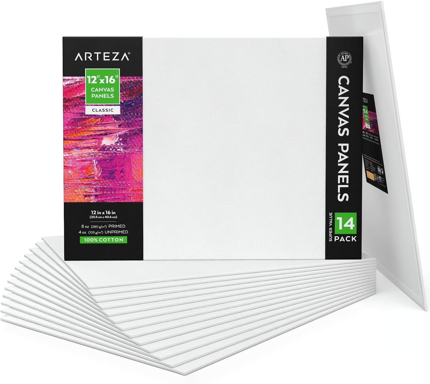 ARTEZA Premium Canvas Boards for Painting, 5 X 7, 8 X 10, 9 X 12, 11 X 14 Inches, Multipack of 28, White Canvas for Acrylic, Oil and Gouache Painting