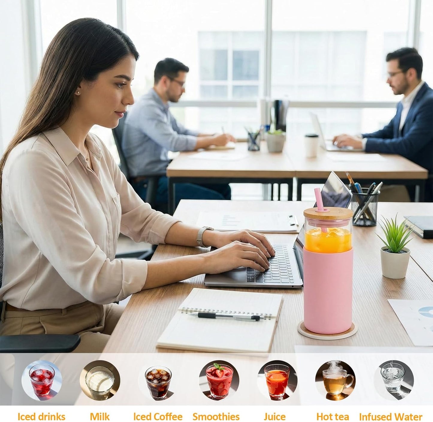 Tronco® 24 Oz Glass Tumbler with Lids and Straw, Reusable Iced Coffee Cup & Smoothie Cup with Bamboo Lid, Silicone Sleeve, Dishwasher Safe, Bpa-Free Borosilicate Glass, 2 Pack