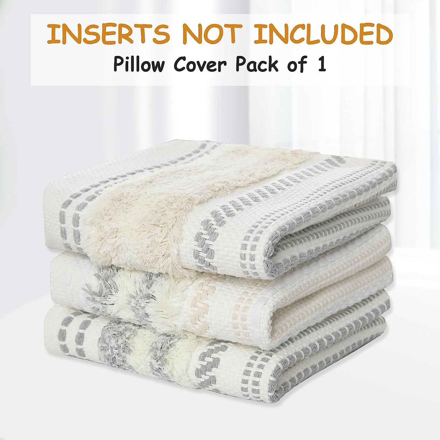 Decoruhome Decorative Boho Throw Pillow Cover 18X18, Accent Neutral Textured Tufted Pillow Cover Striped for Couch Bed Sofa, Khaki and Cream White, Pack of 1