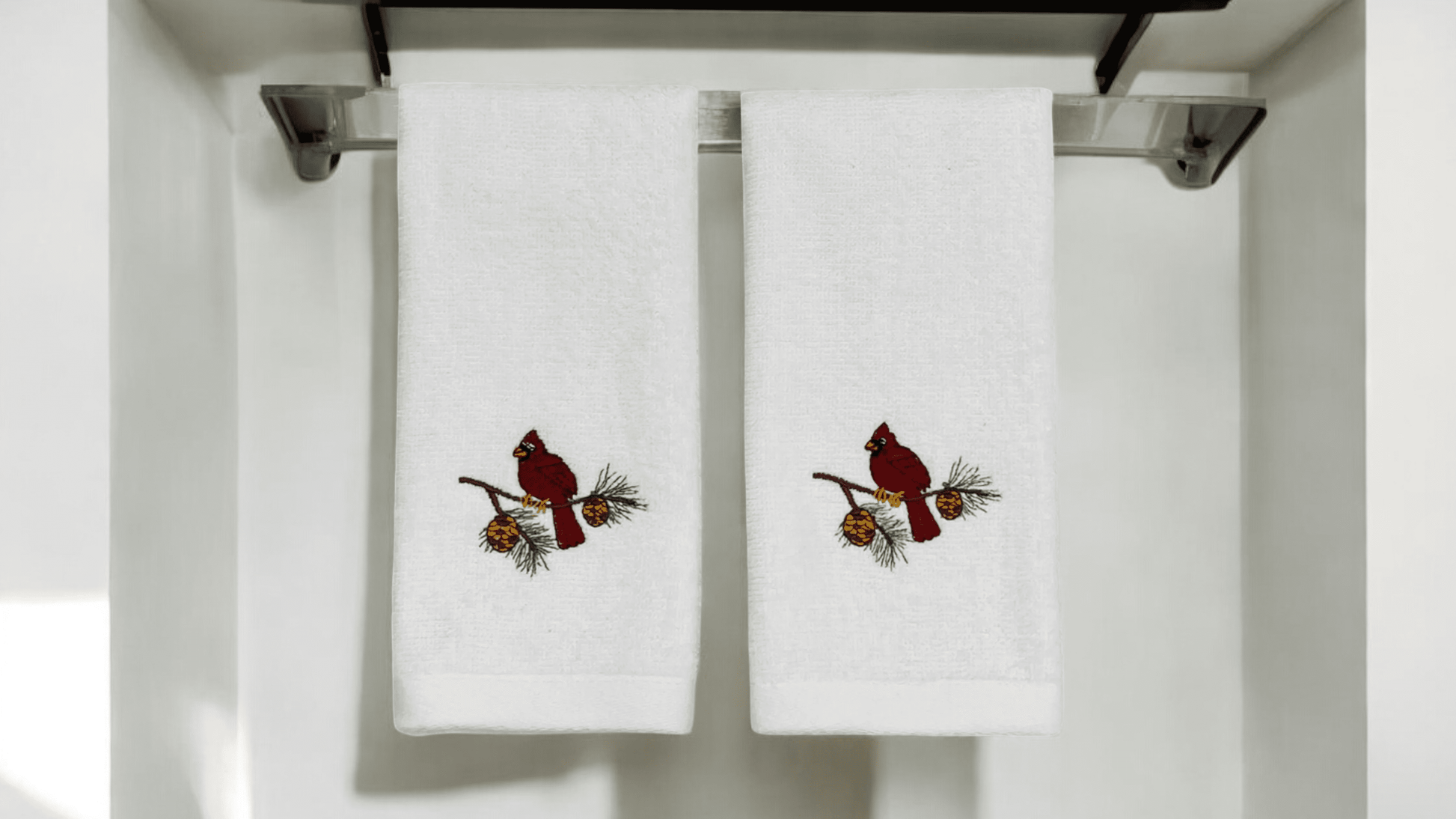 Plush Velour Cotton Fingertip Towels, Christmas Cardinal Bird, Set of 2