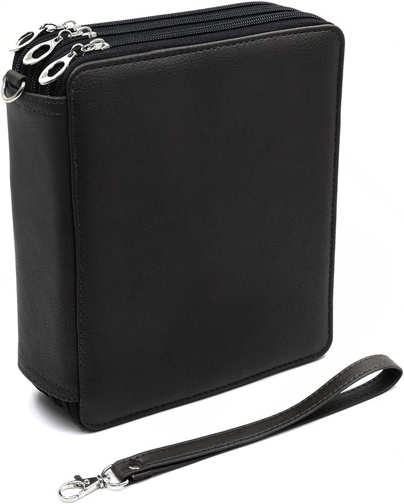 YOUSHARES 120 Slots Pencil Case - PU Leather Handy Multi-Layer Large Zipper Pen Bag with Handle Strap for Prismacolor Watercolor Pencils, Crayola Colored Pencils, Marco Pens and Makeup Brush (Black)