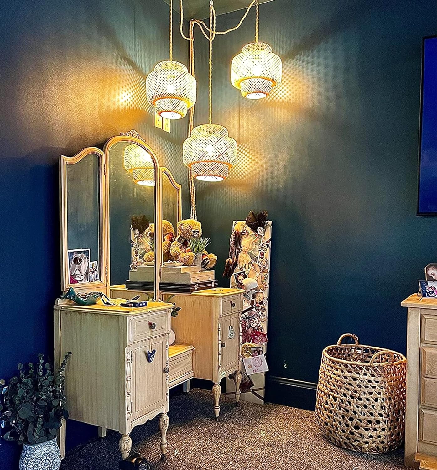 Plug in Pendant Light Hanging Lights with Plug in Cord Boho Hanging Lamp Dimmable,Rattan Wicker Woven Bamboo Lamp Shade, Plug in Ceiling Light Fixture for Living Room Bedroom Kitchen