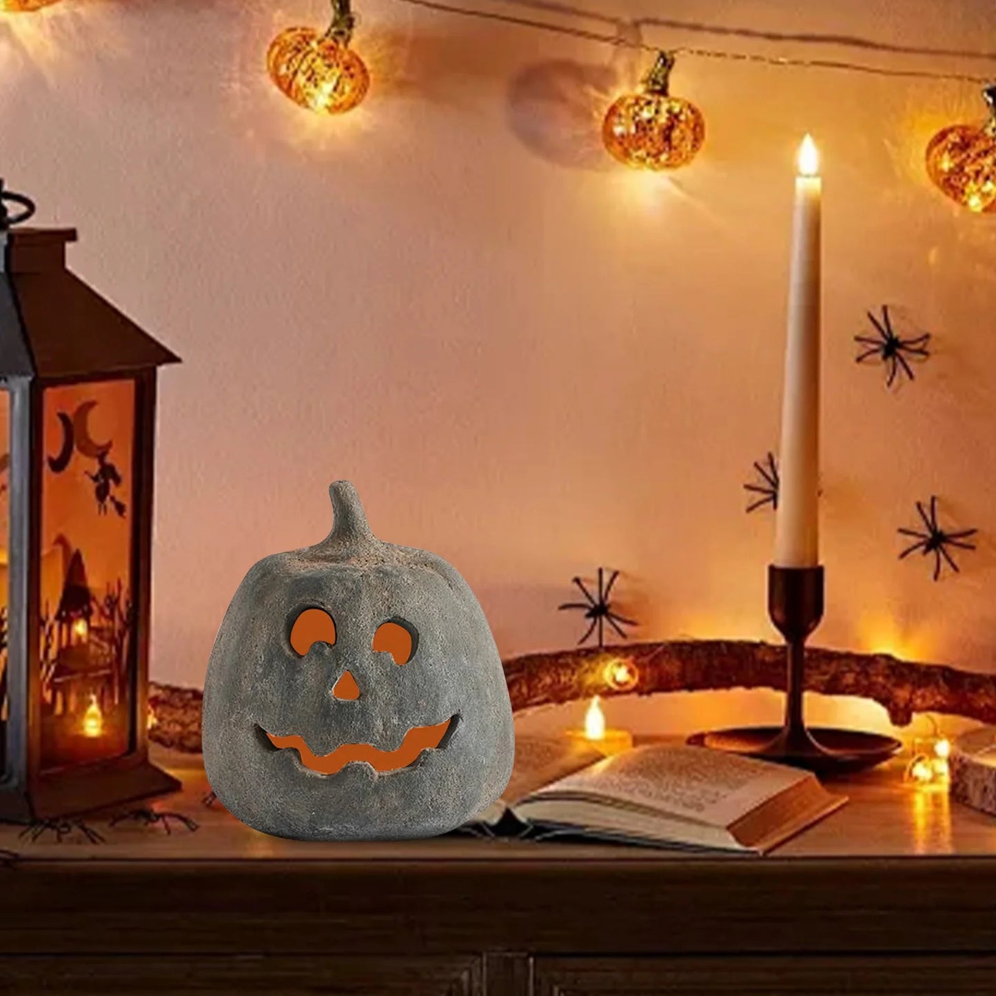 Pumpkin Decor - Halloween Decorations, Handmade Pumpkin Jack O' Lantern Halloween LED Light up Tabletop Decor Fall Decor(No Battery Included) Black