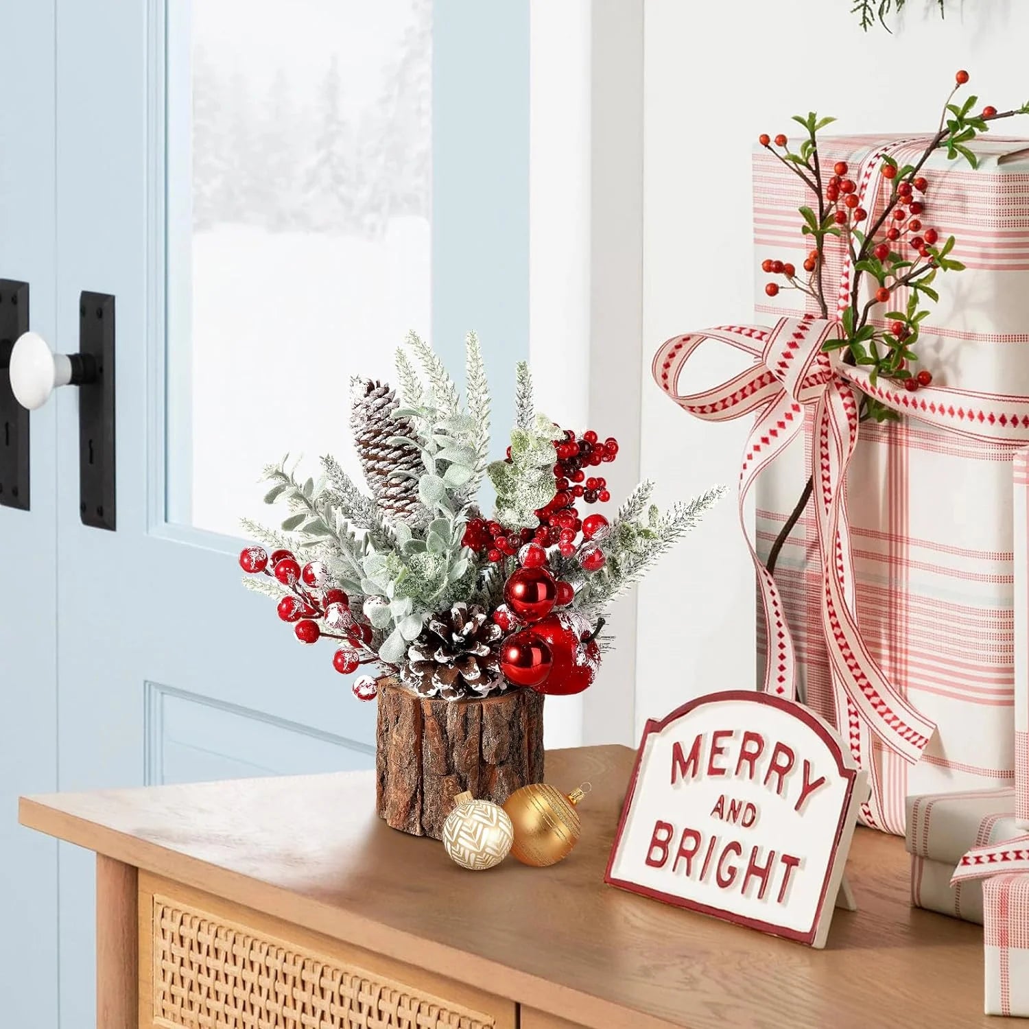 2Pack Small Christmas Tree with Christmas Ornaments Pine Cone Berry, Small Xmas Tree for Christmas Decorations Indoor Outdoor(Red-Round)