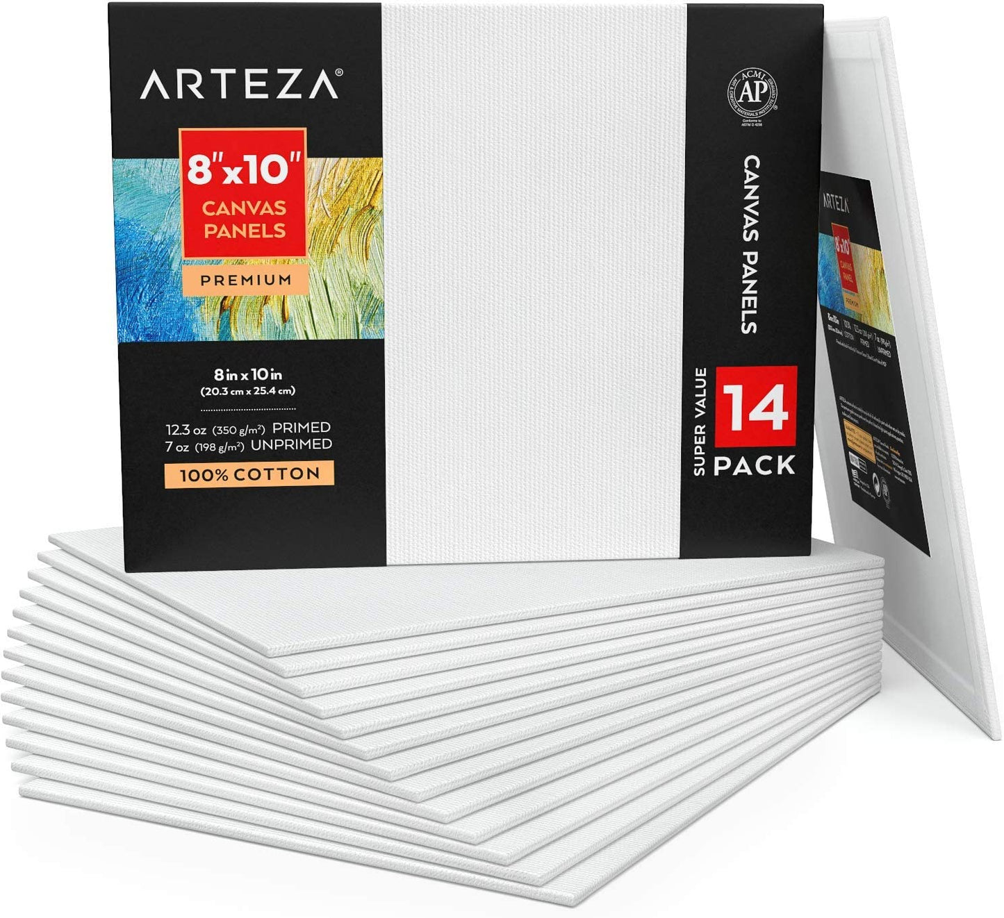 ARTEZA Premium Canvas Boards for Painting, 11 X 14 Inches, Pack of 14, Blank White Canvas Panels for Acrylic, Oil and Gouache Painting