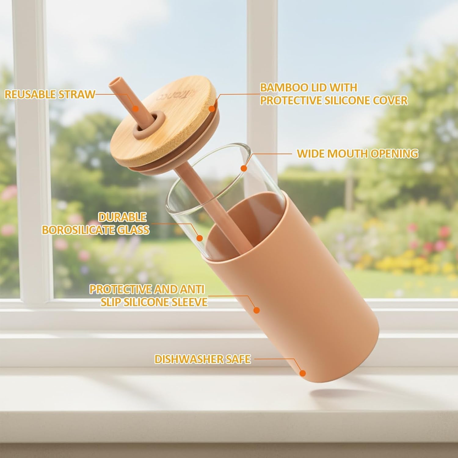 Tronco® 16 Oz Glass Tumbler with Lids and Straw, Reusable Iced Coffee Cup & Smoothie Cup with Bamboo Lid, Silicone Sleeve, Dishwasher Safe, Bpa-Free Borosilicate Glass, 1 Pack