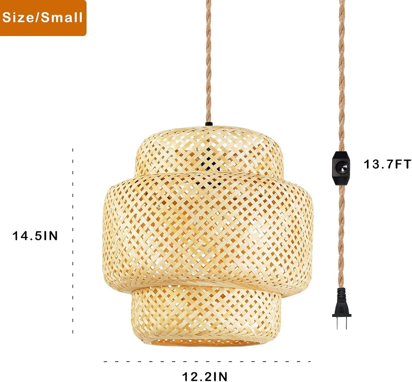 Plug in Pendant Light Hanging Lights with Plug in Cord Boho Hanging Lamp Dimmable,Rattan Wicker Woven Bamboo Lamp Shade, Plug in Ceiling Light Fixture for Living Room Bedroom Kitchen