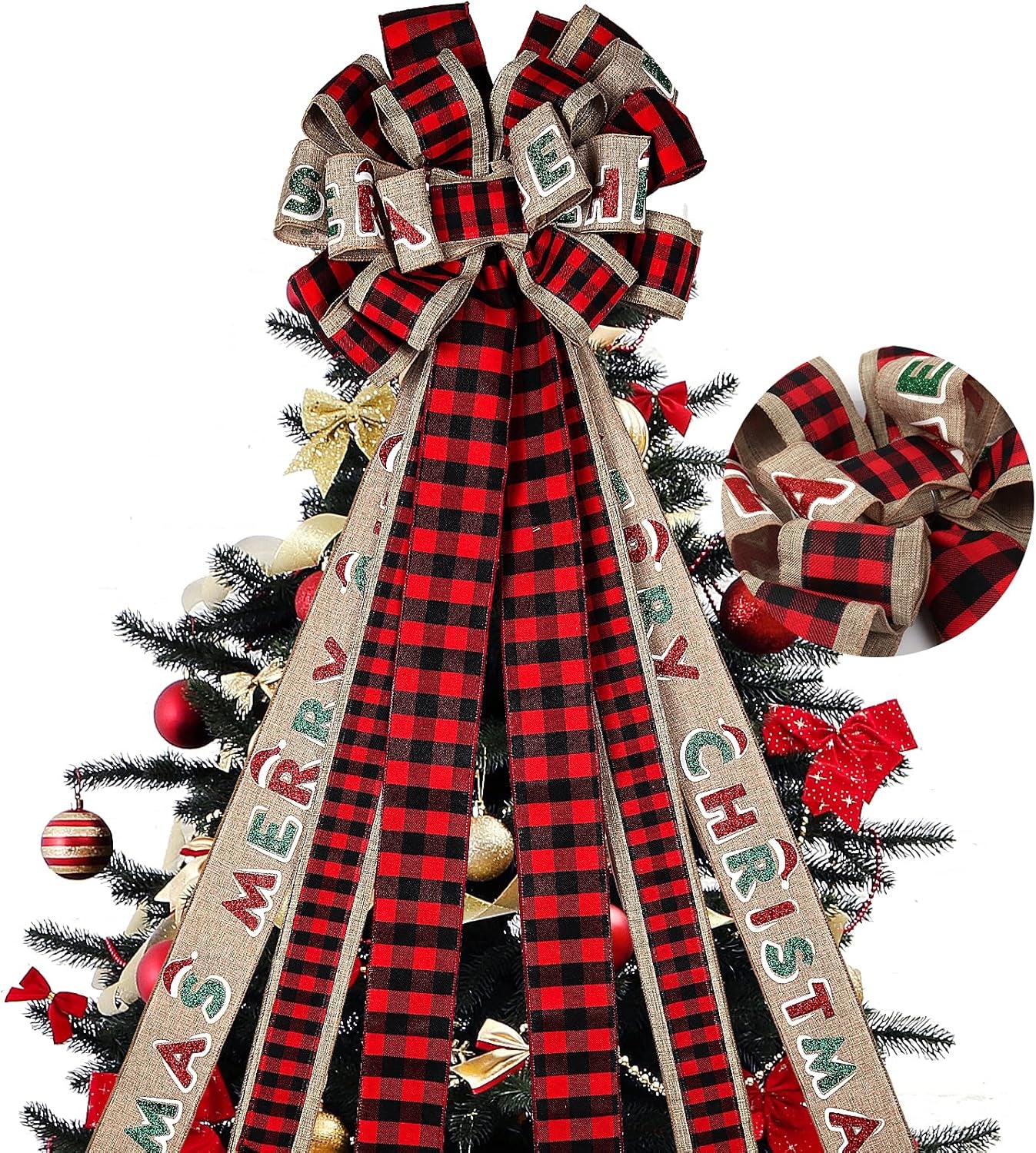 RECUTMS 2 Pieces Red Christmas Bows Tree Topper Burlap Bows with Xmas Bell Pattern Small Two-Tier Christmas Wreath Bow for Xmas Parties Front Door Home Indoor Outdoor Holiday Decorations