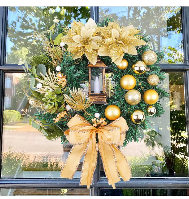 30/40CM Door Wreath with Candle Red Flower Bow Wreath for Front Door Christmas Ornaments Flower Garland Christmas Decorations