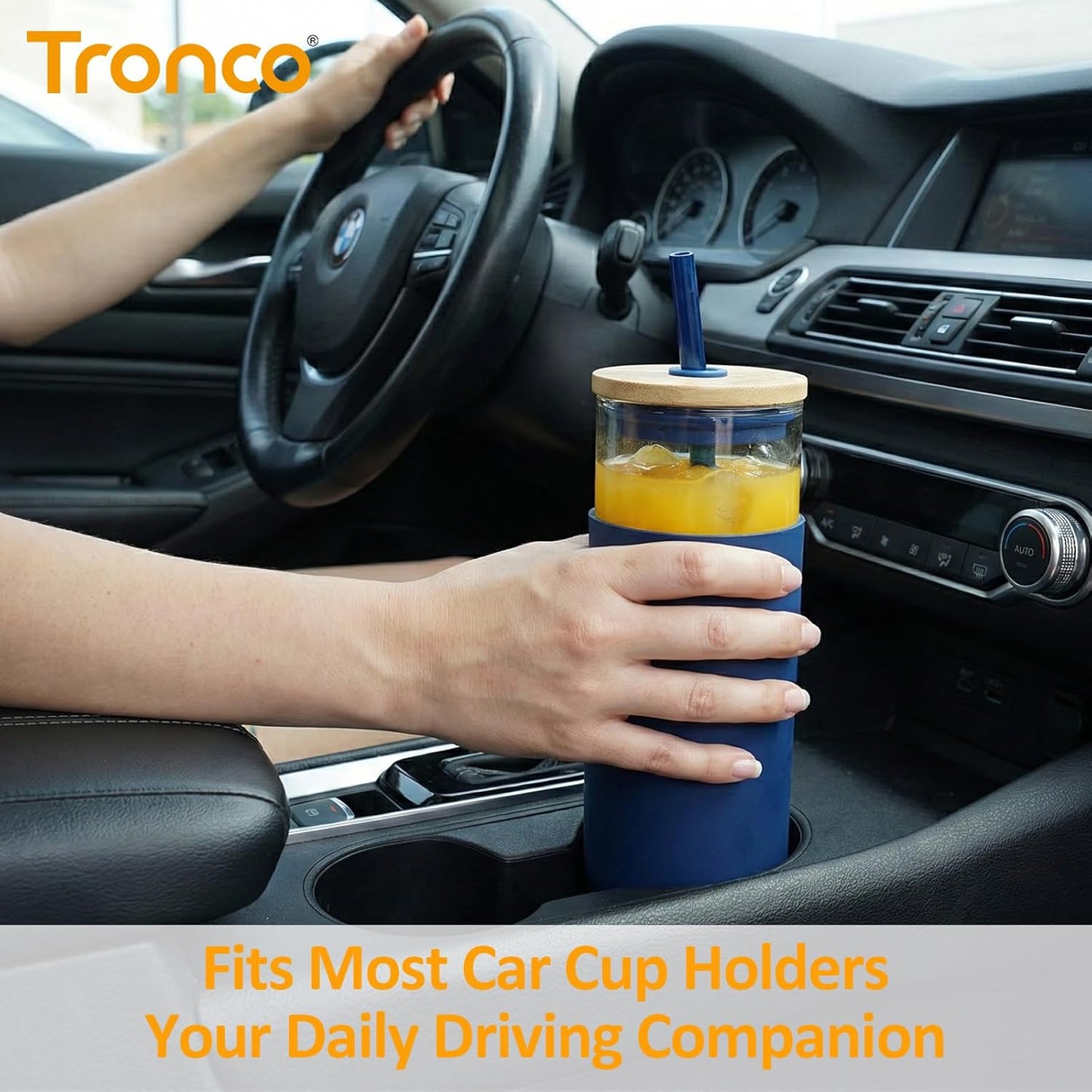 Tronco® 24 Oz Glass Tumbler with Lids and Straw, Reusable Iced Coffee Cup & Smoothie Cup with Bamboo Lid, Silicone Sleeve, Dishwasher Safe, Bpa-Free Borosilicate Glass, 2 Pack