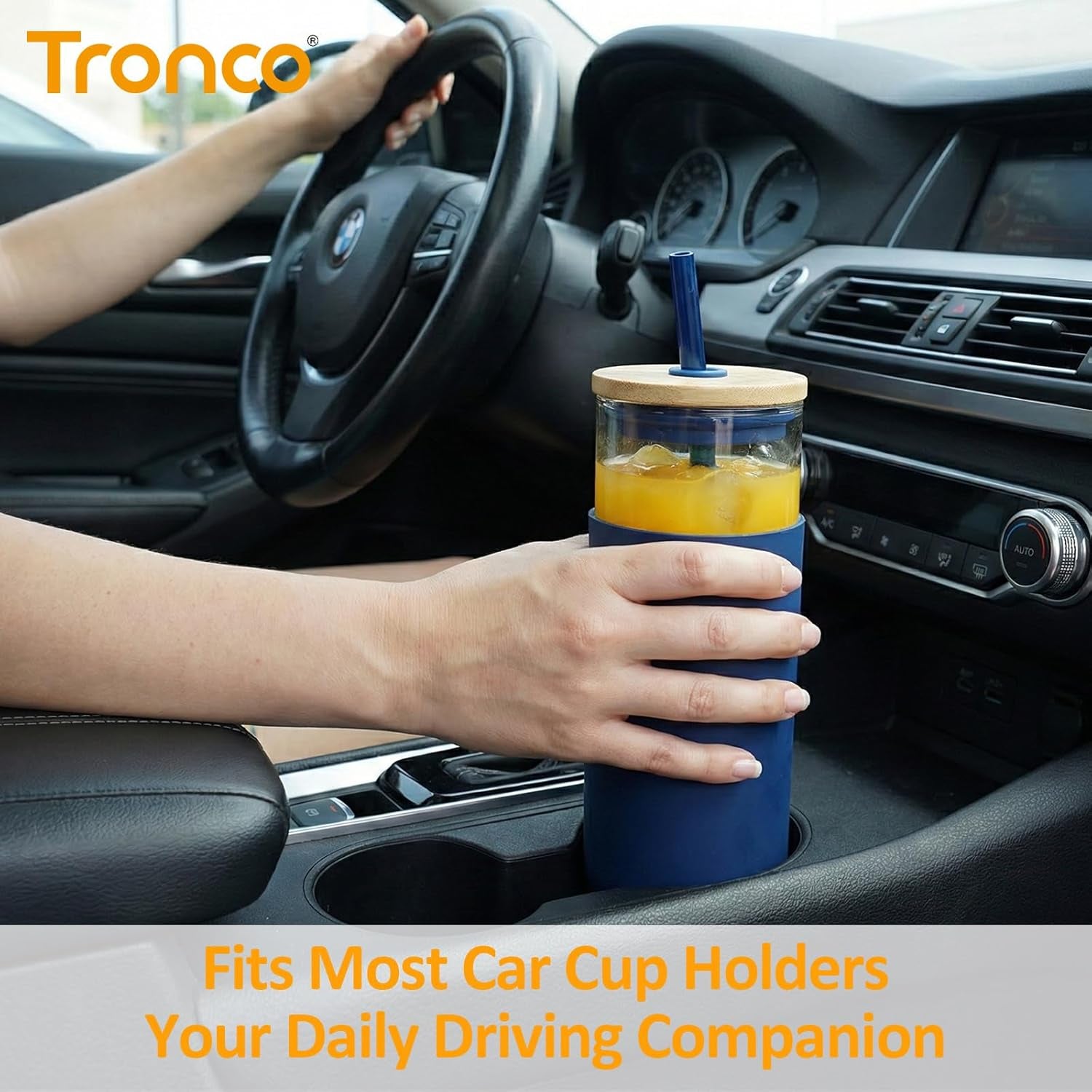 Tronco® 24 Oz Glass Tumbler with Lids and Straw, Reusable Iced Coffee Cup & Smoothie Cup with Bamboo Lid, Silicone Sleeve, Dishwasher Safe, Bpa-Free Borosilicate Glass, 2 Pack